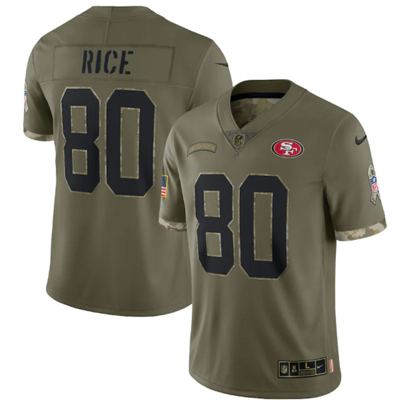 Men's San Francisco 49ers #80 Jerry Rice 2022 Olive Salute To Service Limited Stitched Jersey